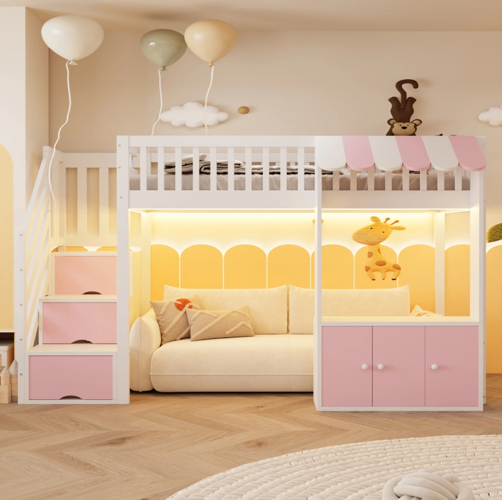 Letto a soppalco 90x200 cm rosa con scala contenitore e LED