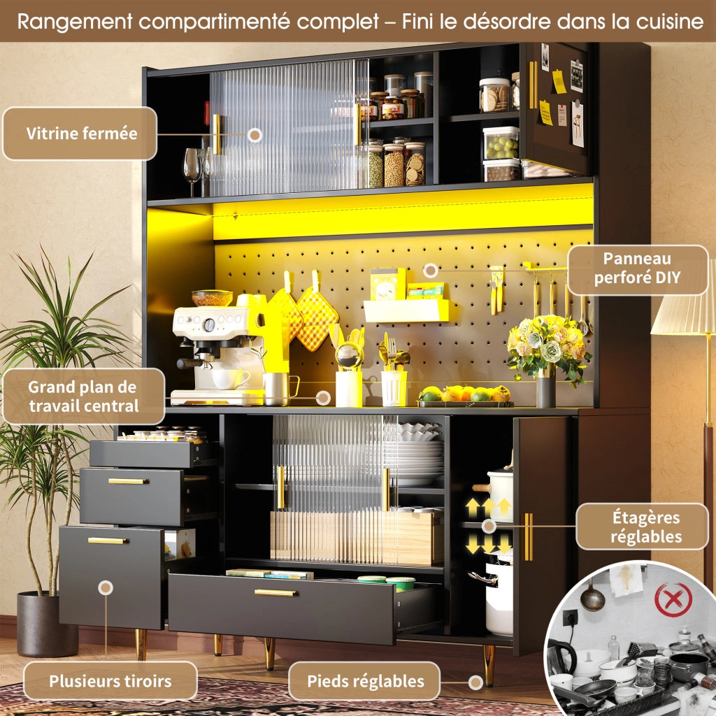 Credenza con cassetti; LED e ripiani regolabili per cucina e sala da pranzo; nero; 140 × 40 × 180 cm
