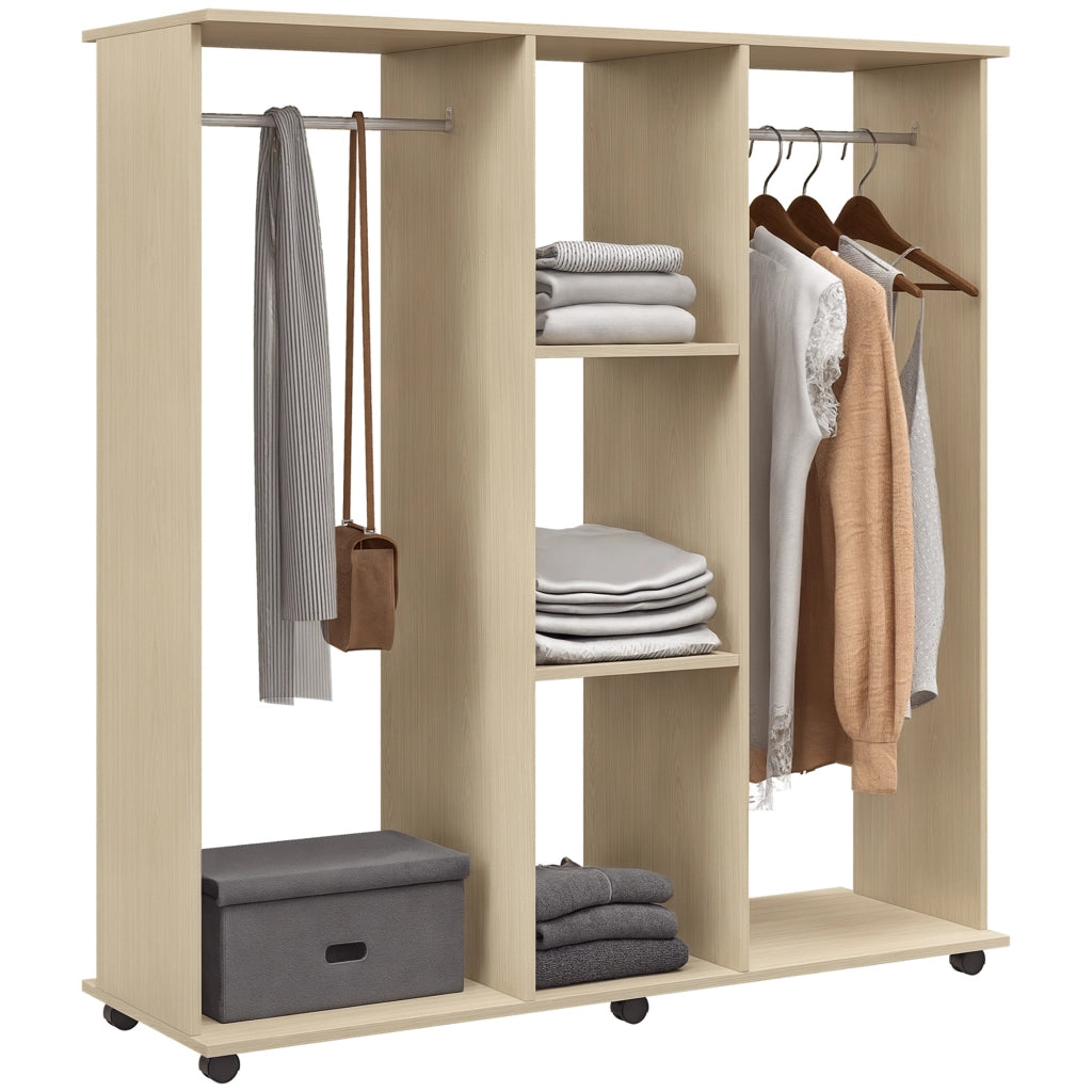 Armadio Guardaroba a Rotelle con 2 Barre e 3 Ripiani Aperti, in Legno e Alluminio, 120x40x128 cm, Color Legno