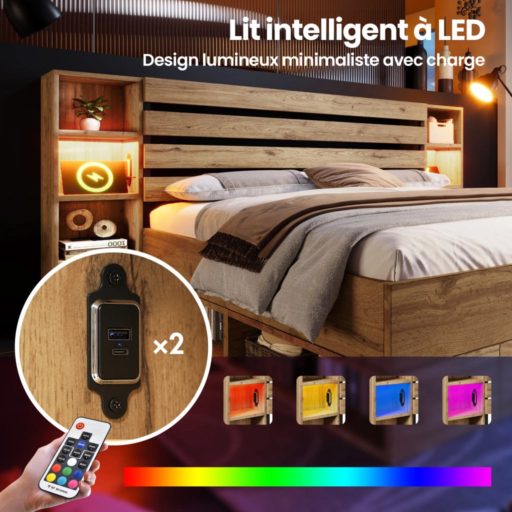 OKWISH Letto con Cassetti 180×200 cm, Letto Matrimoniale con LED Regolabile, USB, Tipo C e 2 Cassetti, senza Materasso, Legno e Metallo, Rovere