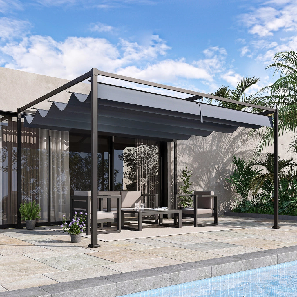 Gazebo da giardino Pergola 4x3m tetto in acciaio per patio gazebo da giardino con tetto regolabile indipendente protezione solare per patio e giardino grigio scuro