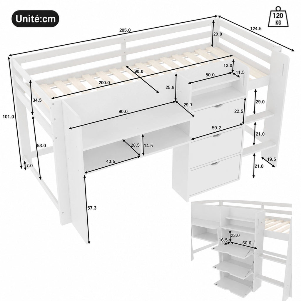DESMIU Letto a soppalco 1 posto con 3 vani chiusi, scaffali e scala, 90 × 200 cm, senza materasso, bianco