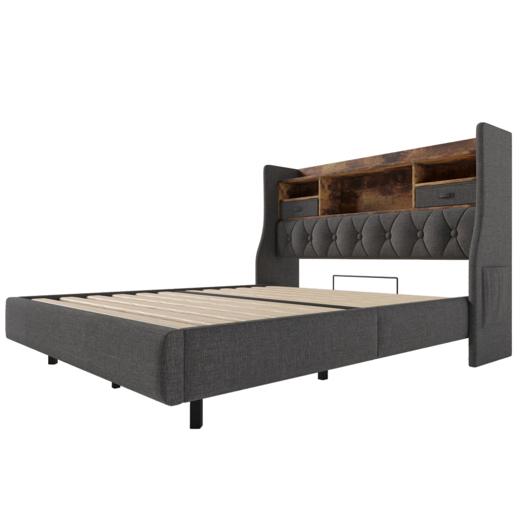 Letto imbottito 160x200 cm con LED; testiera con ripiano e ricarica USB Type-C; grigio