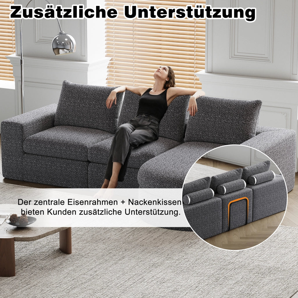 Divano angolare modulare in ciniglia con chaise longue reversibile e supporto in ferro, cuscini cervicali grigio