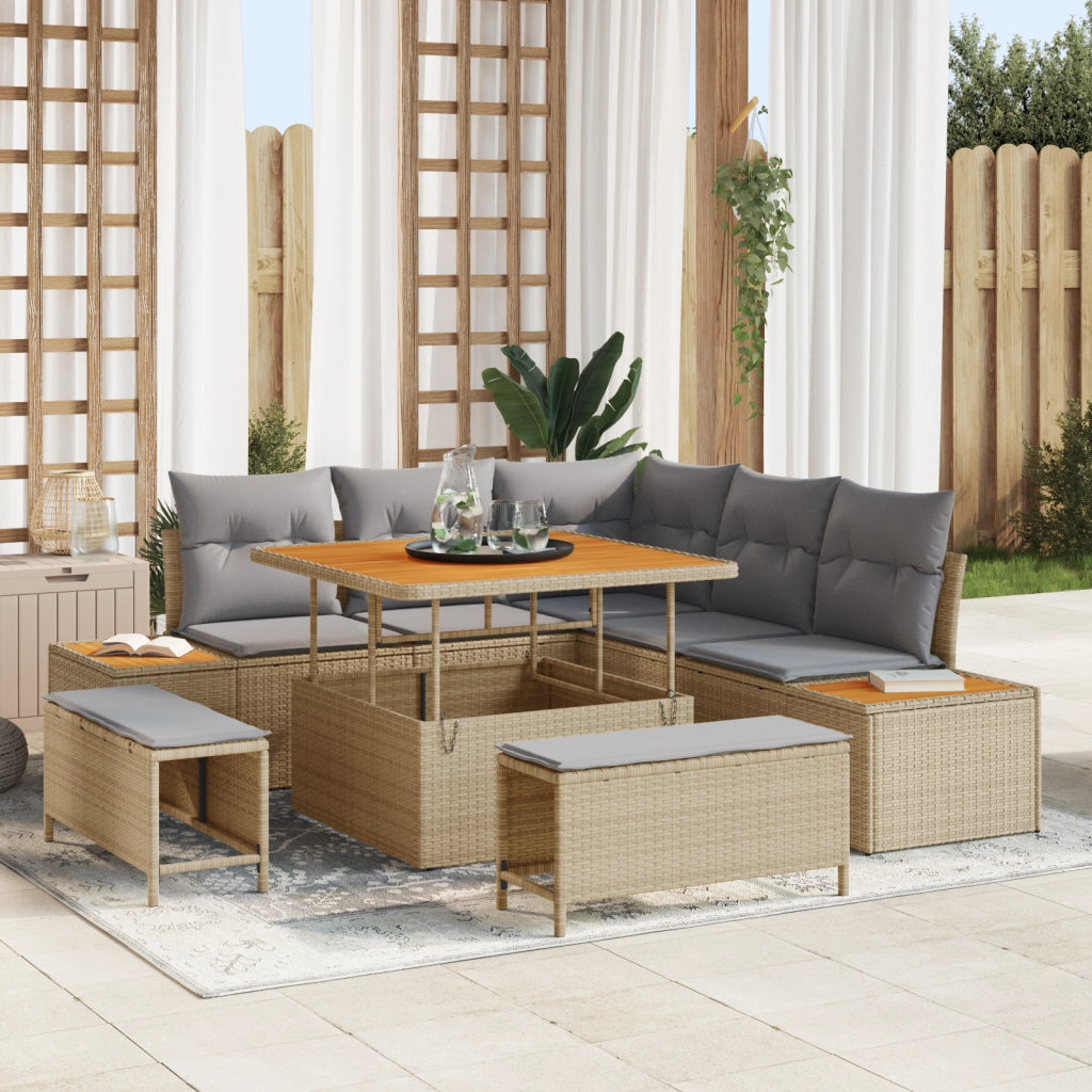Set Divano da Giardino 8 Pezzi con Cuscini Beige Rattan Poliestere Acacia