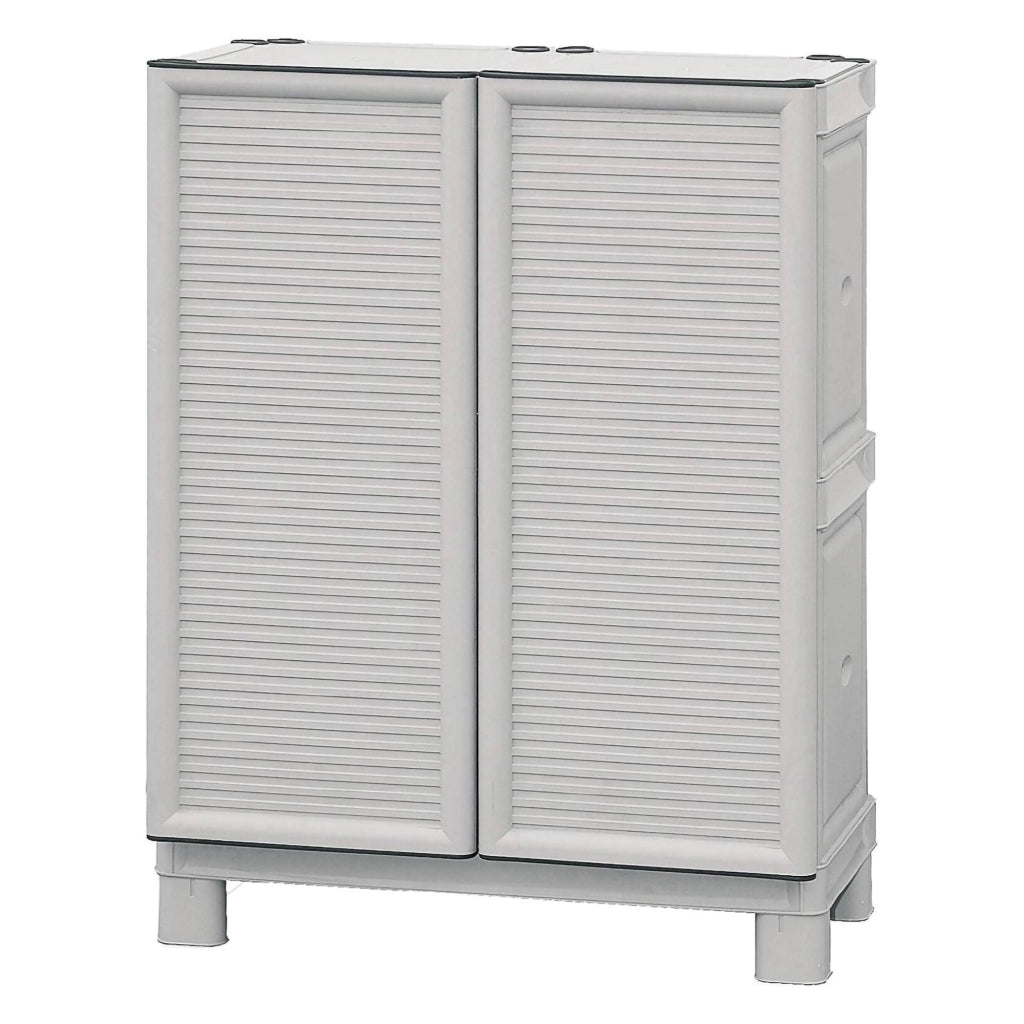 Mobiletto multiuso da esterno o Arlinda, Armadio basso a 2 ante e 1 ripiano in polipropilene, 100% Made in Italy, cm 70x39h92, colore Grigio chiaro