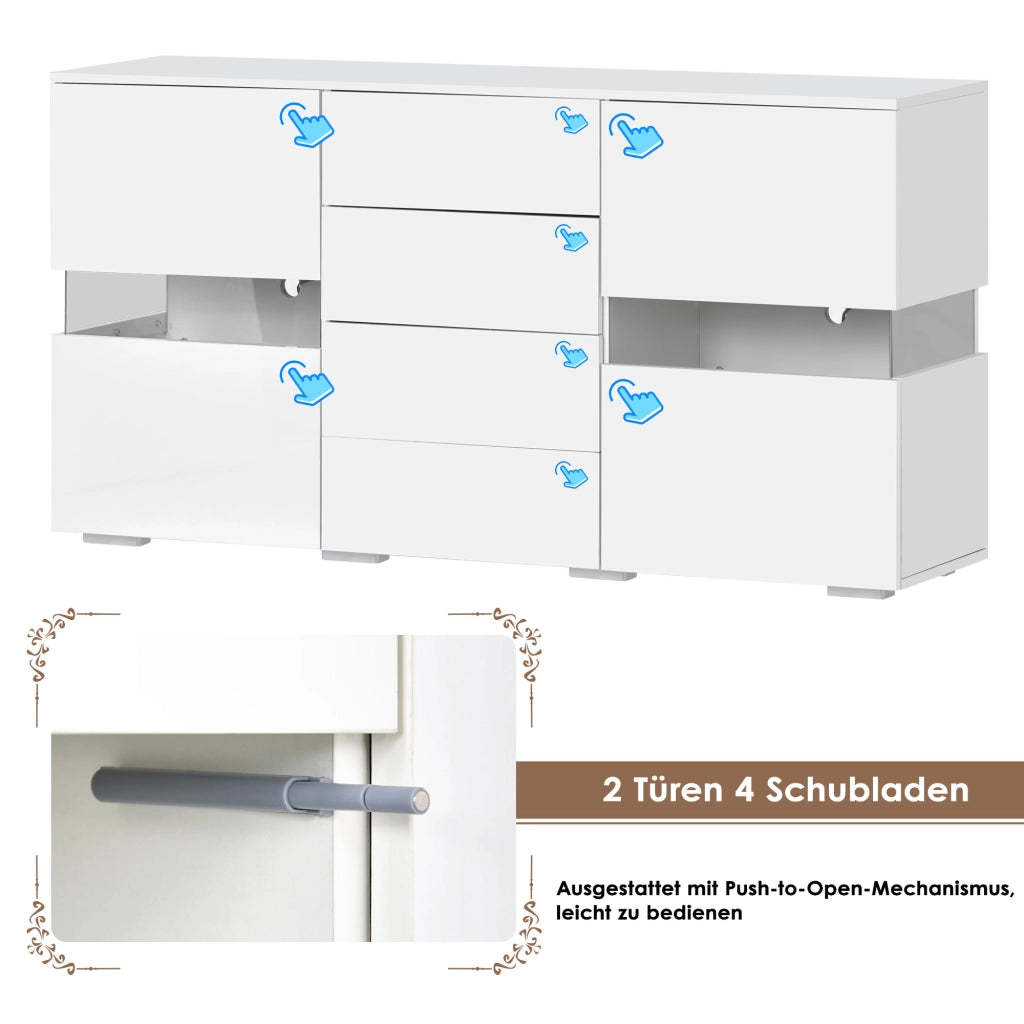 Madia con 2 ante e 4 cassetti; illuminazione LED - in MDF - 145x35x72 cm - bianco