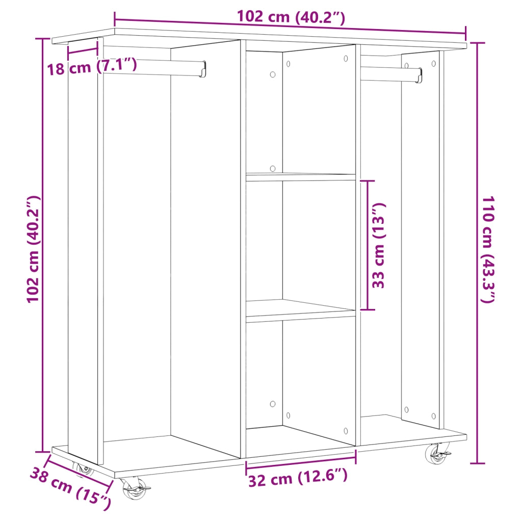 Armadio con ruote Rovere Artigianale 102x38x110 cm in Legno Ingegnerizzato