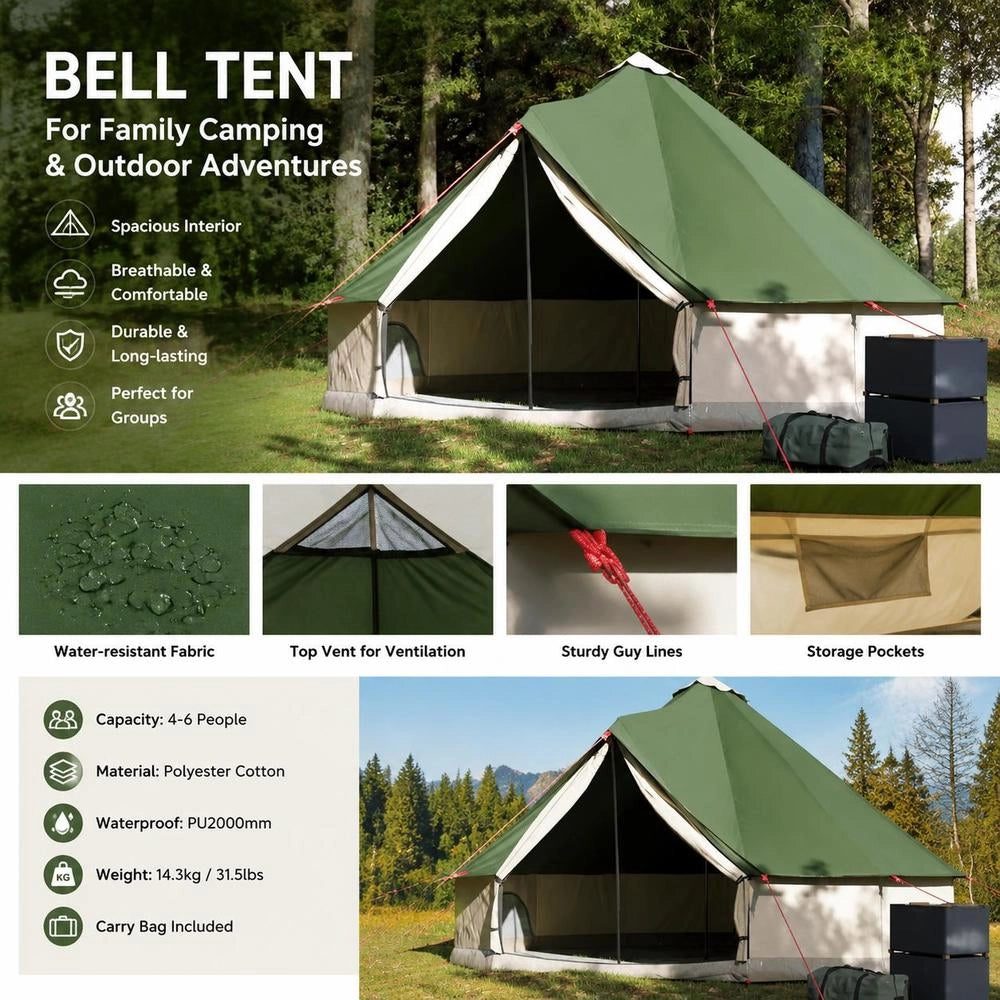 Teepee Family Tent For 6 People, Green, Waterproof