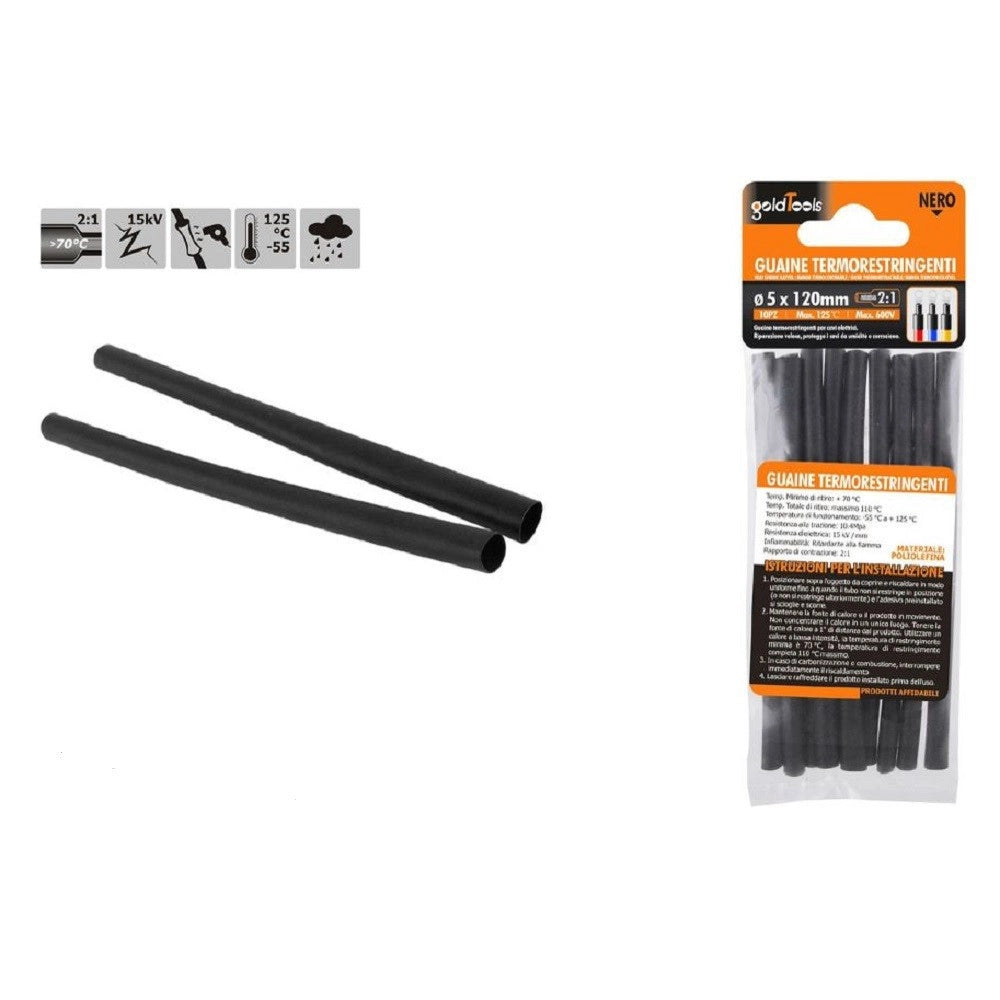 Trade Shop - Set 10 Pz Guaine Termorestringenti Tubi Termoretrattili Neri 5x120 Mm Cavi 57063 -