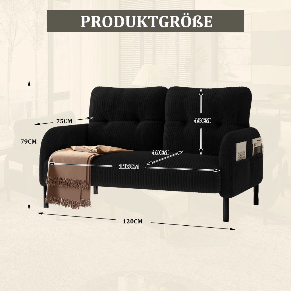 Divano 2 Posti con Schienale Ergonomico e Tasca Laterale; in Velluto a Coste; Nero; 120 × 75 × 79 cm