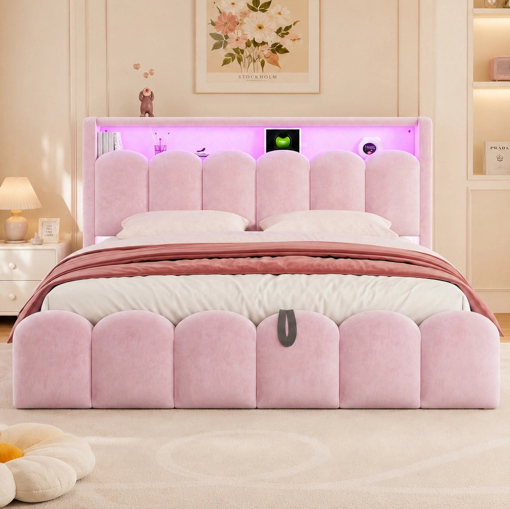 Letto matrimoniale imbottito con contenitore 180x200 cm; USB e Type-C; LED; velluto rosa