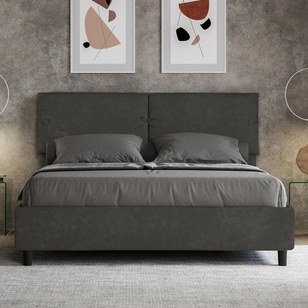 Letto Matrimoniale 160x190 cm con Rete e Contenitore con Testata e Alzata Comoda Imbottito in Microfibra Sleeper Grigio