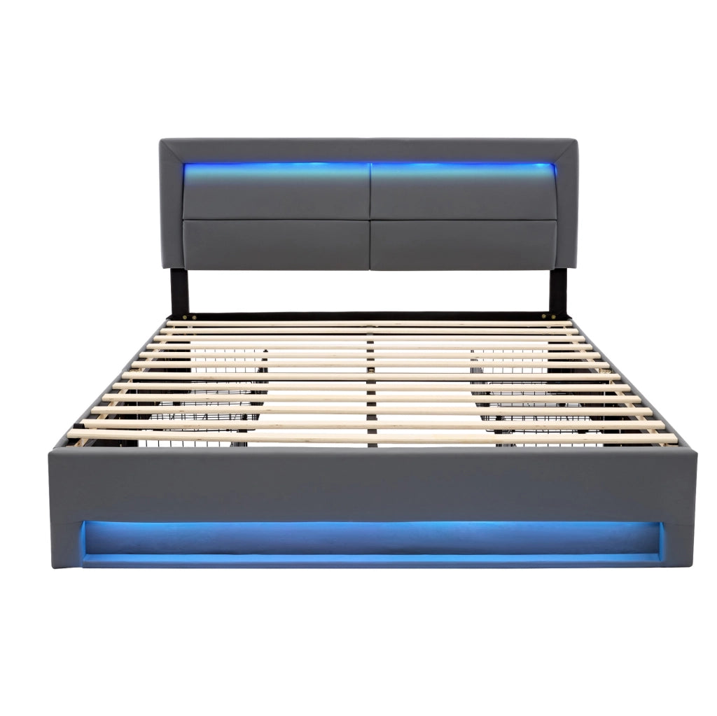 Letto imbottito matrimoniale 140x190 cm con USB; LED e 4 cassetti; grigio; in PU