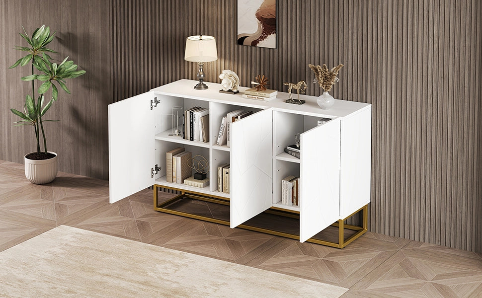 Credenza moderna bianca lucida mobile buffet 130 cm con 3 ante e base in metallo oro