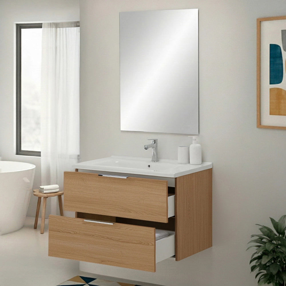 Mobile bagno sospeso 80cm rovere con cassetti lavabo e specchio Elva