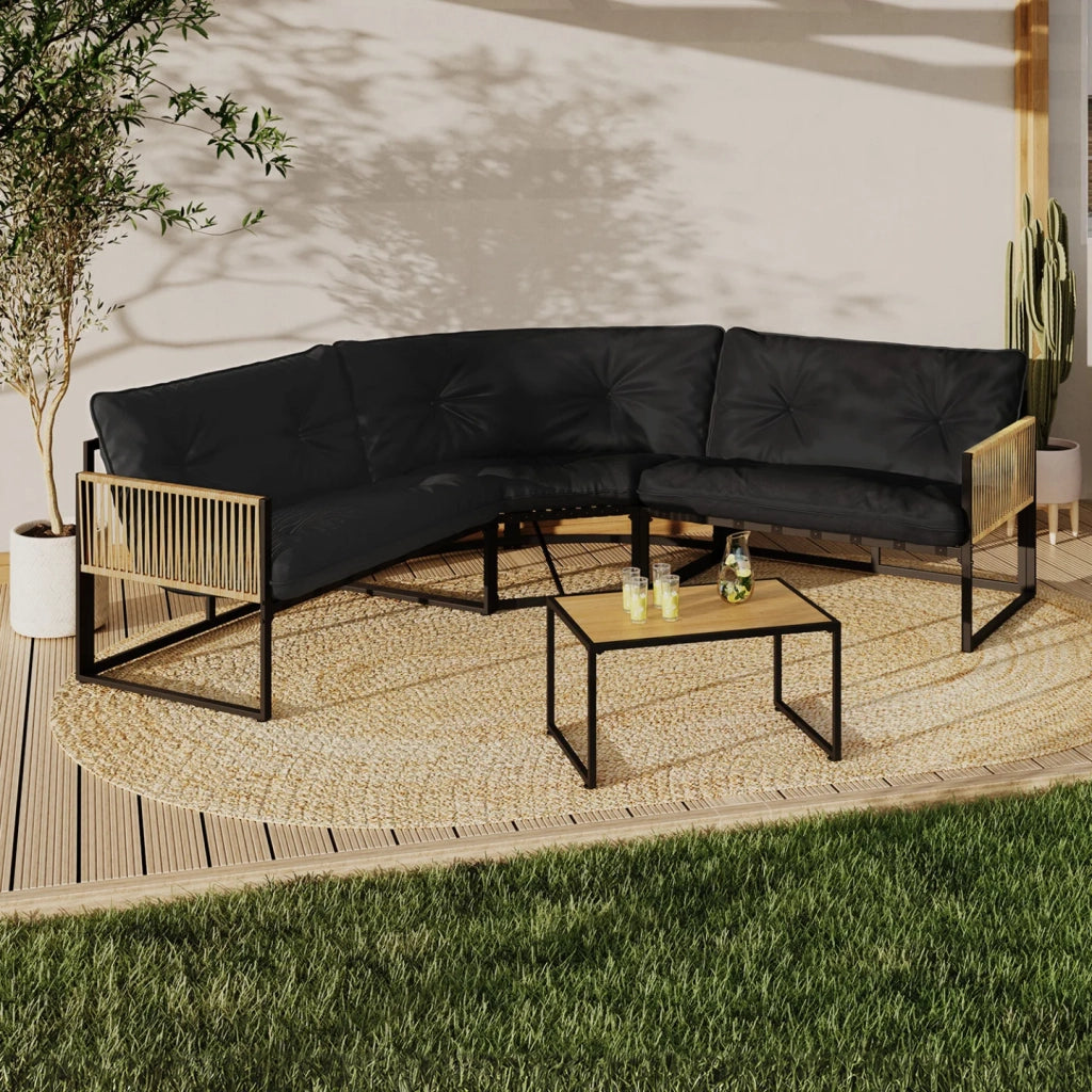 IDMarket - Set di mobili da giardino bassi RIO a 6 posti con struttura in metallo e corde effetto rattan e cuscini neri