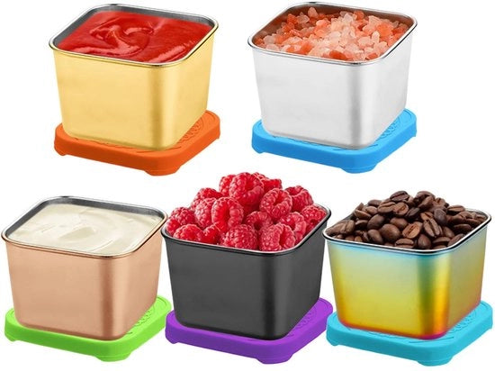 Set di contenitori in acciaio inossidabile da 5 - Bacchette da 200 ml - Tappi ermetici - Tappi in silicone - Riciclabili - Ideali per la scatola di pranzo e il picnic - Contenitori per salse