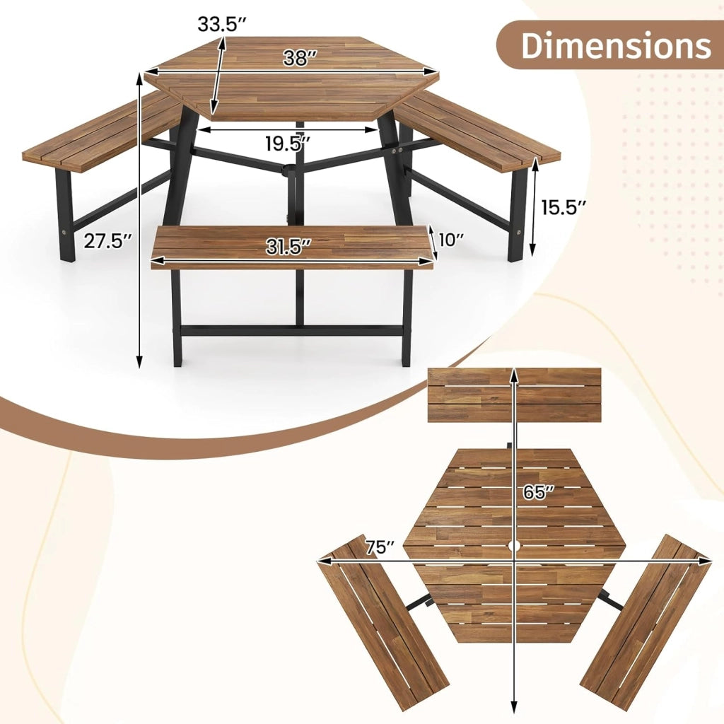Tavolo da Picnic per 6 Persone, Tavolo da Giardino in Legno di Acacia con Foro per Ombrellone e 3 Panche Integrate, Set da Pranzo Resistente alle Intemperie per Terrazza, Cortile, Giardino
