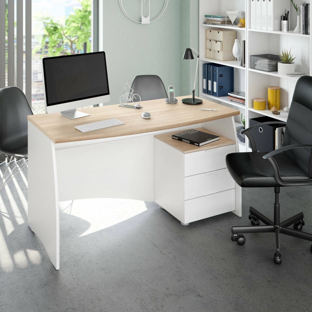 Scrivania Azziz, Scrittoio da ufficio, Tavolo da studio porta PC con 3 cassetti, cm 136x67h74, Bianco e Rovere