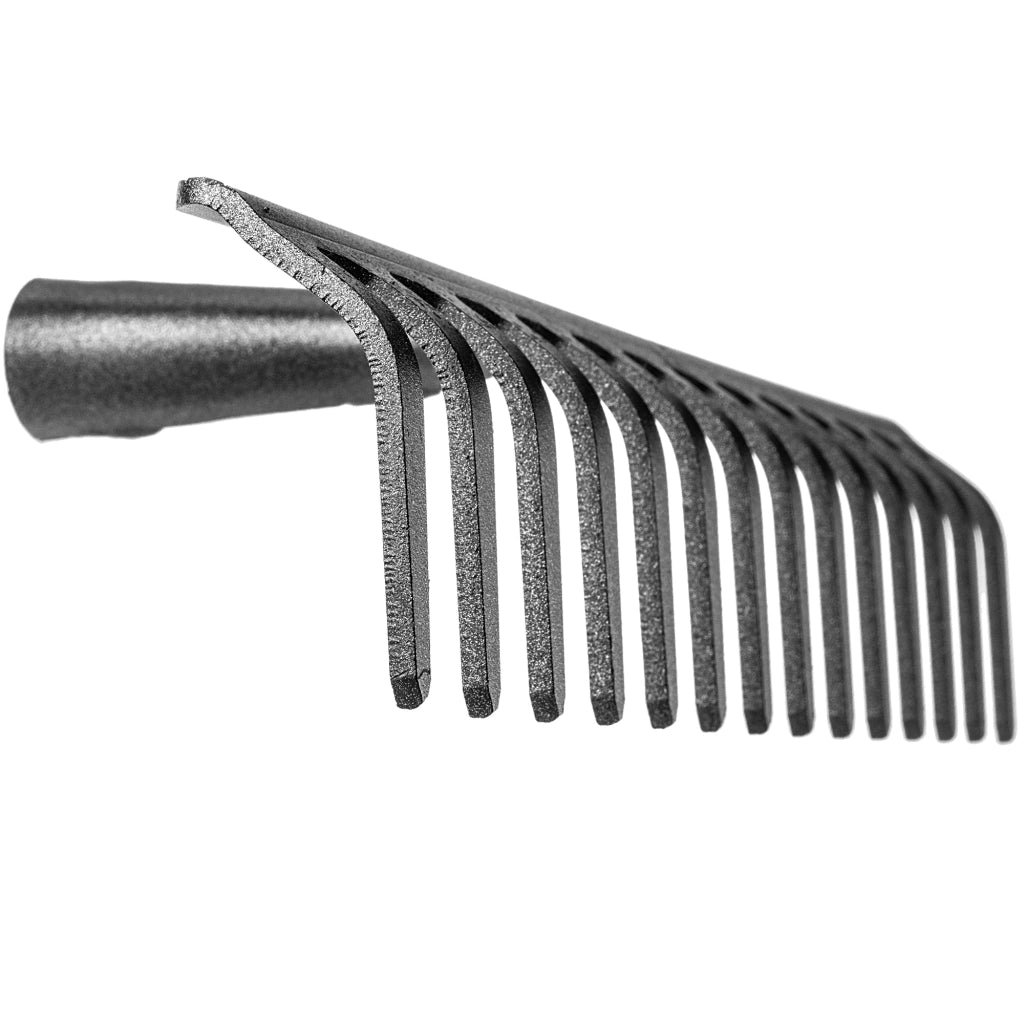 Rastrello per foglie in acciaio KADAX a 14 denti, senza manico, per terra ed erba.