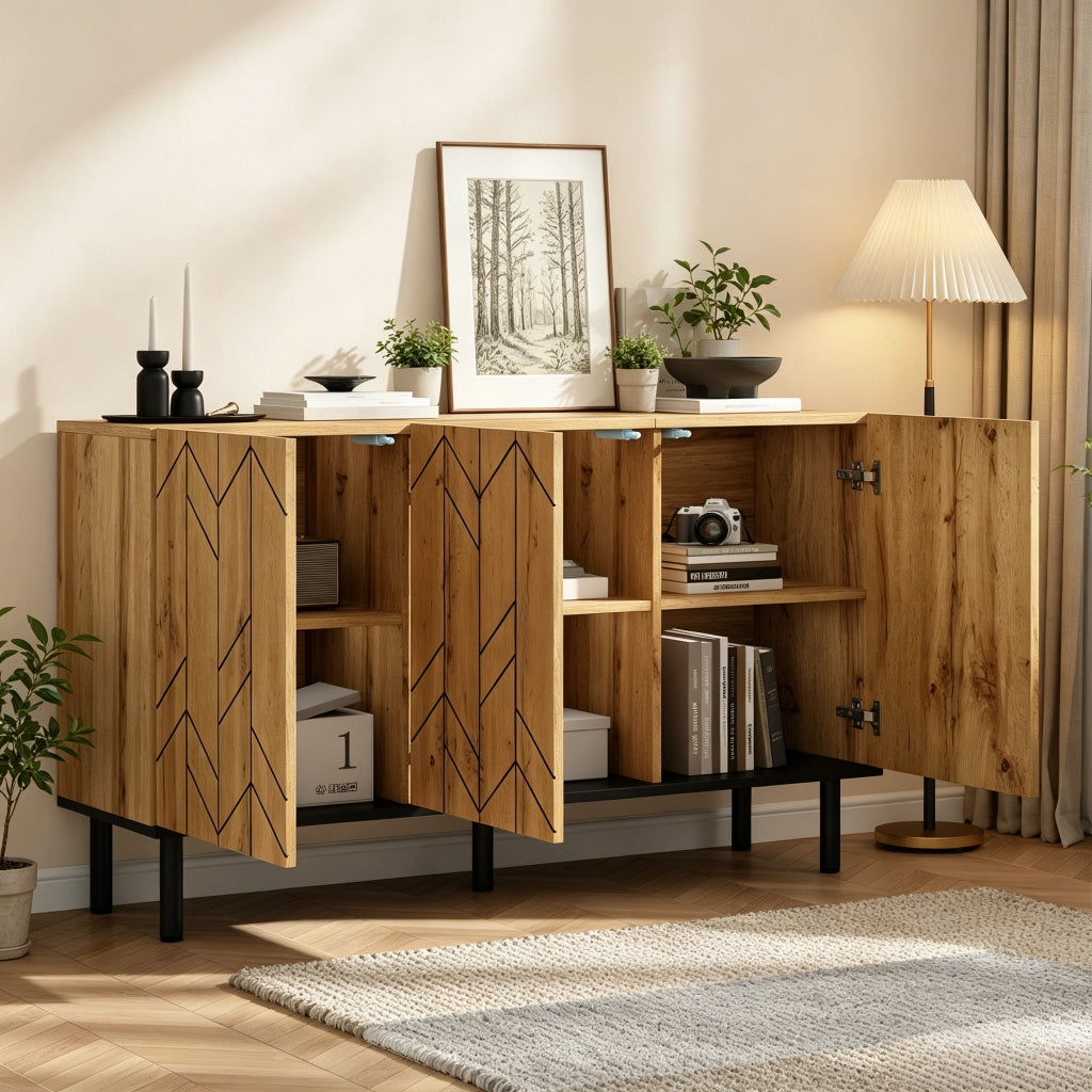 Credenza con 3 ante e frontale effetto ondulato; in truciolato e gambe in metallo; per soggiorno; 120 × 35 × 70 cm