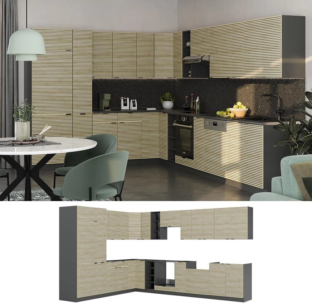 Cucina angolare completa Fame-Line, Pannello in rovere/antracite, 347 x 257 cm senza piano di lavoro
