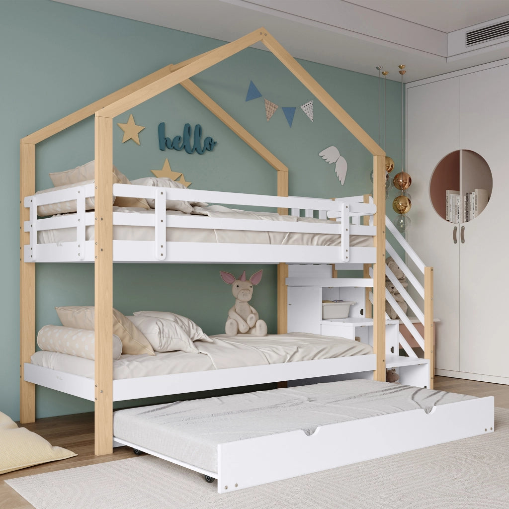 Letto a Castello Estraibile 90x200 cm e 90x190 cm; Letto 3 Posti; con Scala con Cassetti - in Legno e MDF - Bianco Naturale