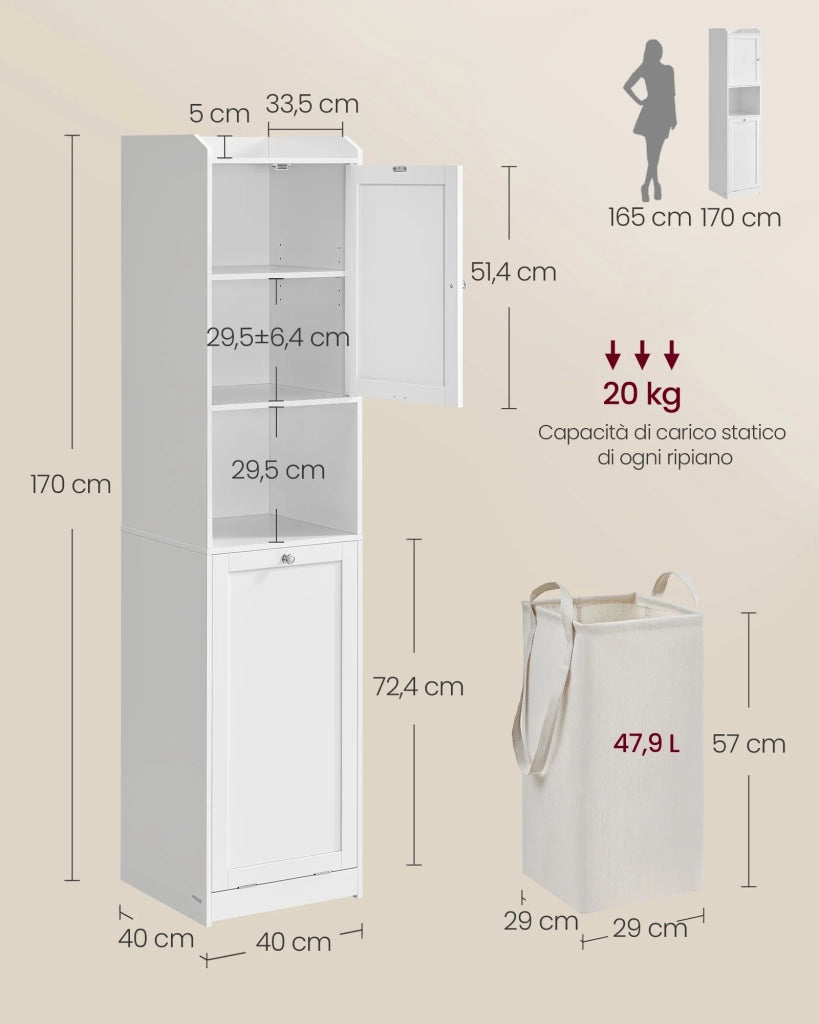 Mobiletto da bagno con cesto portabiancheria armadio alto portaoggetti sacco interno estraibile con maniglie scomparto con anta 40 x 40 x 170 cm bianco 12_0006487