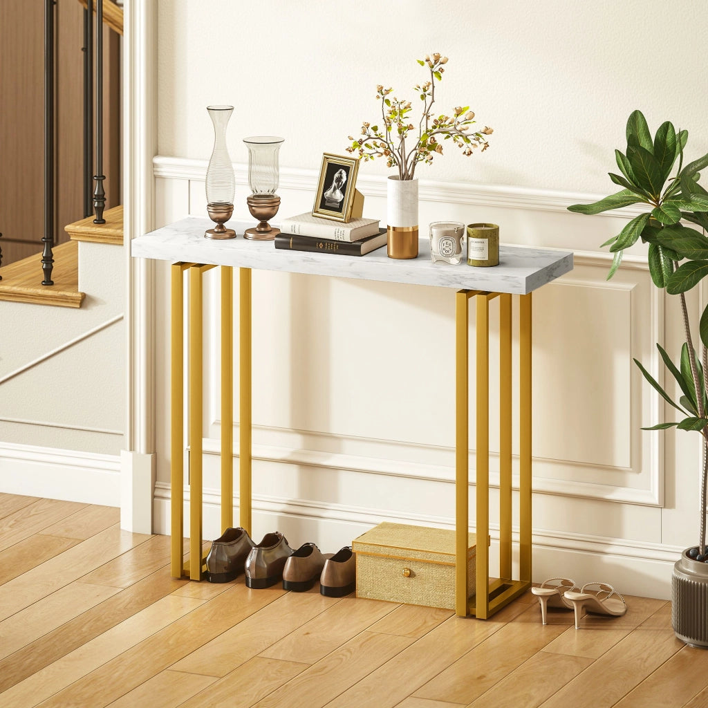 Tavolo console con piano in marmo effetto ¨C zephmum ¨C bianco oro 100x30x78,5 cm