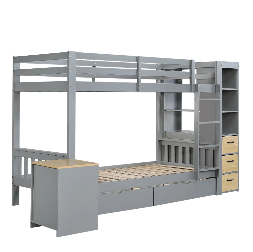 Letto a castello grigio in legno 90x200 cm con cassetti, scaletta e comodino mobile