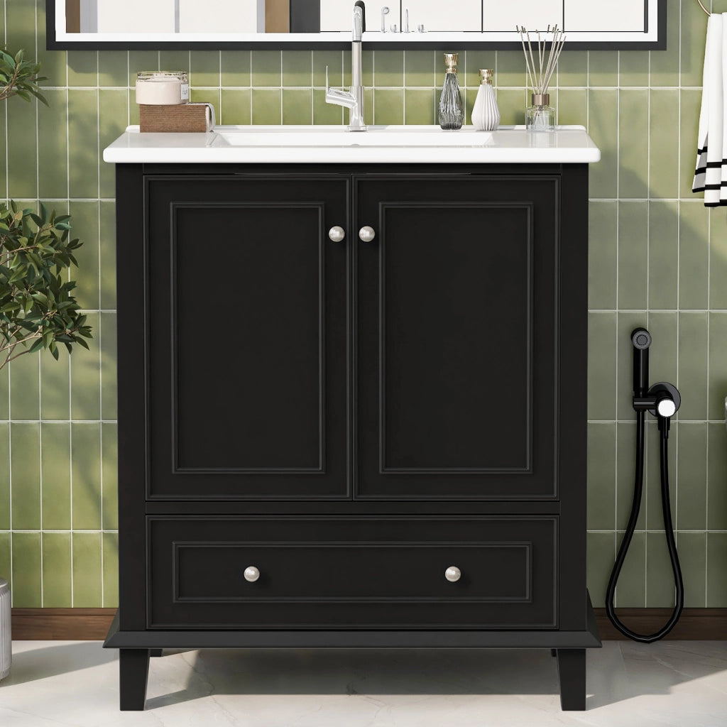 Mobile da Bagno con Lavabo in Ceramica ¨C MINIMAL ¨C Bianco/Nero, MDF, Massello, 73x46x87