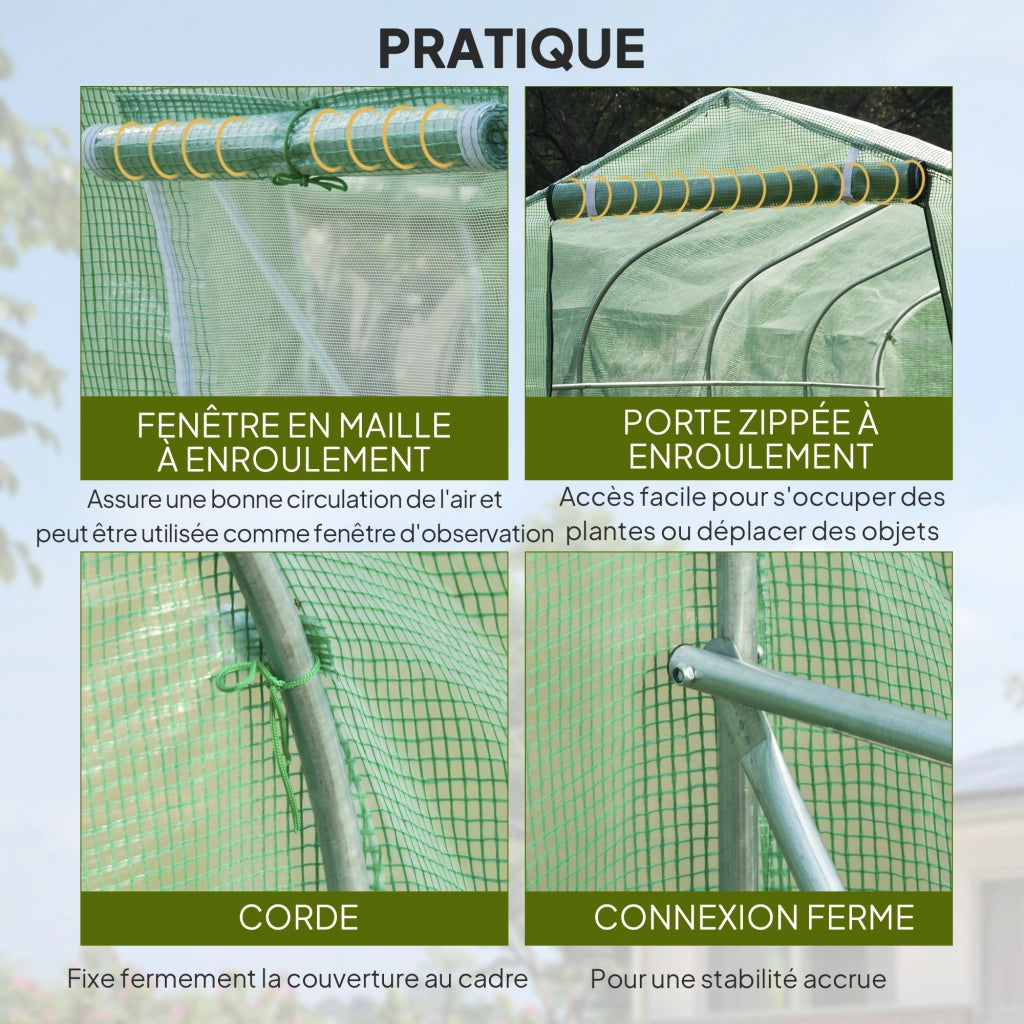 Serra da giardino tunnel 6 m2 ¨C zephmum ¨C 6 finestre, porta con zip, tessuto PE, struttura in ferro zincato, verde