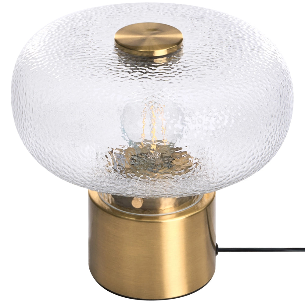 Lampada da tavolo con base in ottone e paralume in vetro testurizzato trasparente; design moderno e glamour per il soggiorno