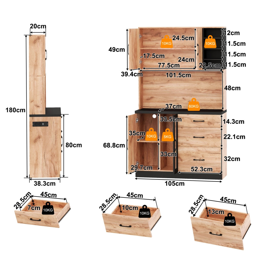 Mobile alto da cucina in MDF con LED regolabile, prese EU USB e ripiani regolabili