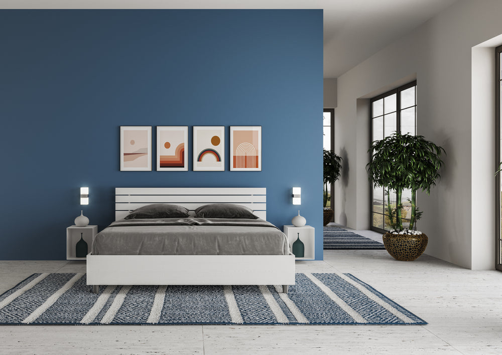 Letto Matrimoniale 160x190 cm con Rete e Contenitore Testata Doghe Inclinata Ankel Frassino Bianco