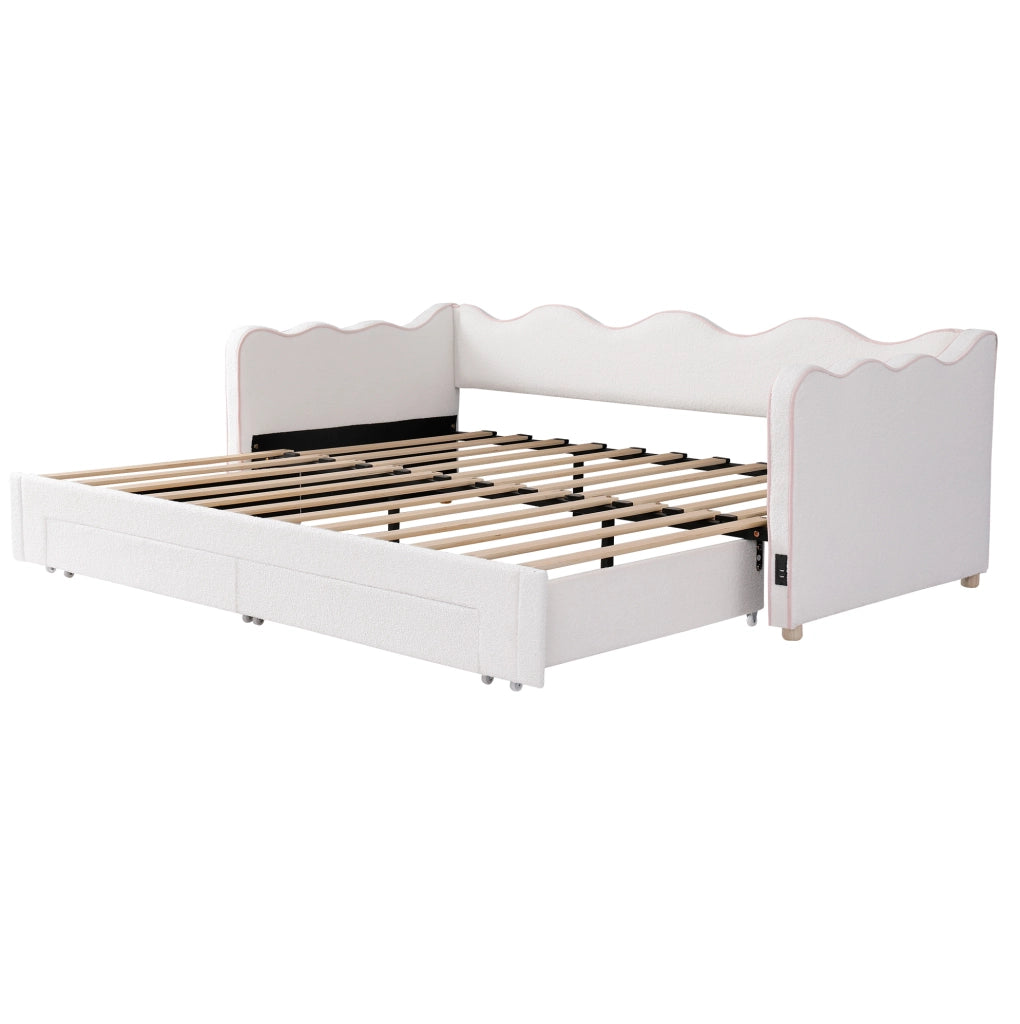 Letto daybed estraibile 90x200 cm con cassetti; USB e Type-C; bouclé beige