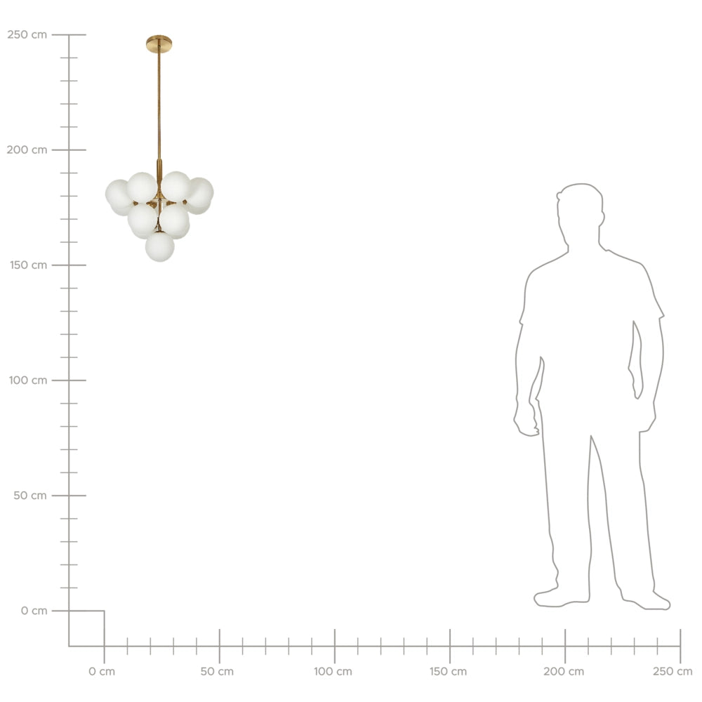 Lampadario a 13 luci di vetro bianco con paralumi a globo in ottone soggiorno salotto glamour