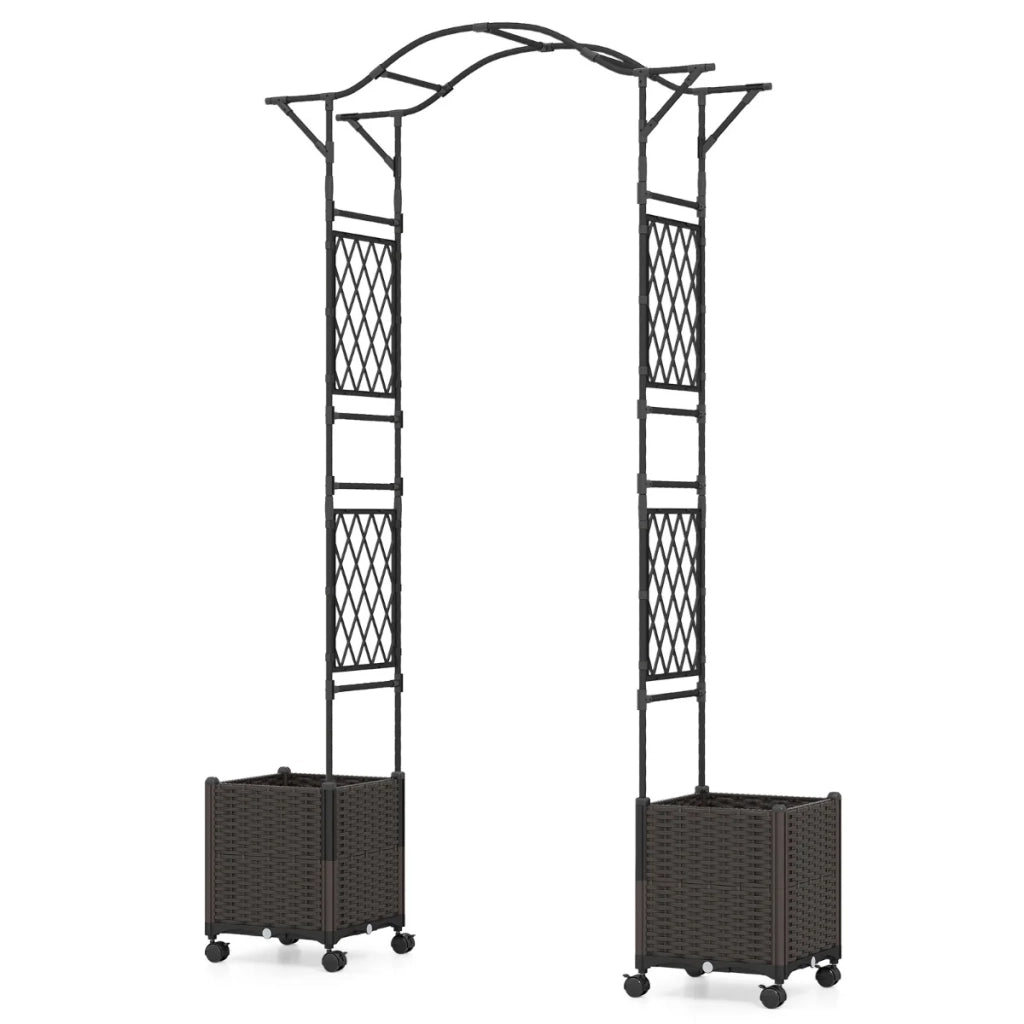 Arco da giardino con traliccio 208 x 40 x 250 cm con 2 fioriere autoirriganti ruote dal design moderno in metallo nero 20_0009887