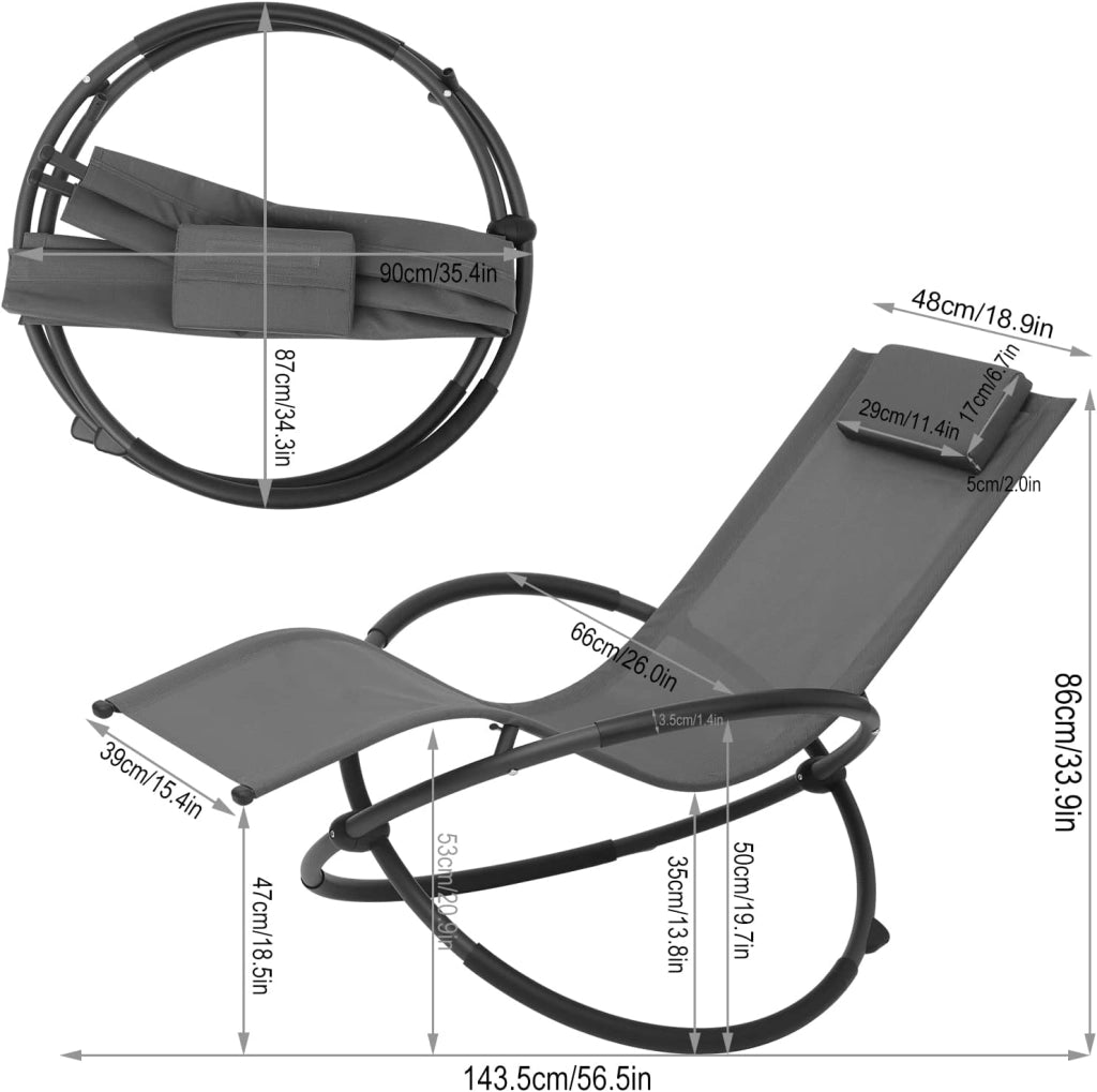 Sedia Sdraio a Dondolo Relax Poltrona Swing Traspirante da Balcone Campeggio Lettino con Braccioli e Poggiatesta Grigio