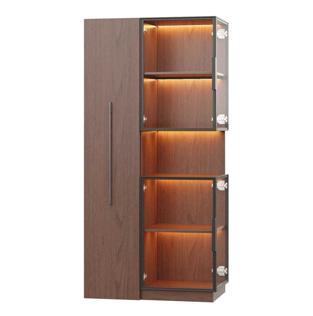 Vetrina alta in MDF effetto noce con LED e ripiani estraibili