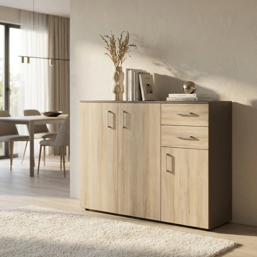 Madia Moderna con 2 cassetti e tre ante in Legno Composito cm 120x35x93 - READ