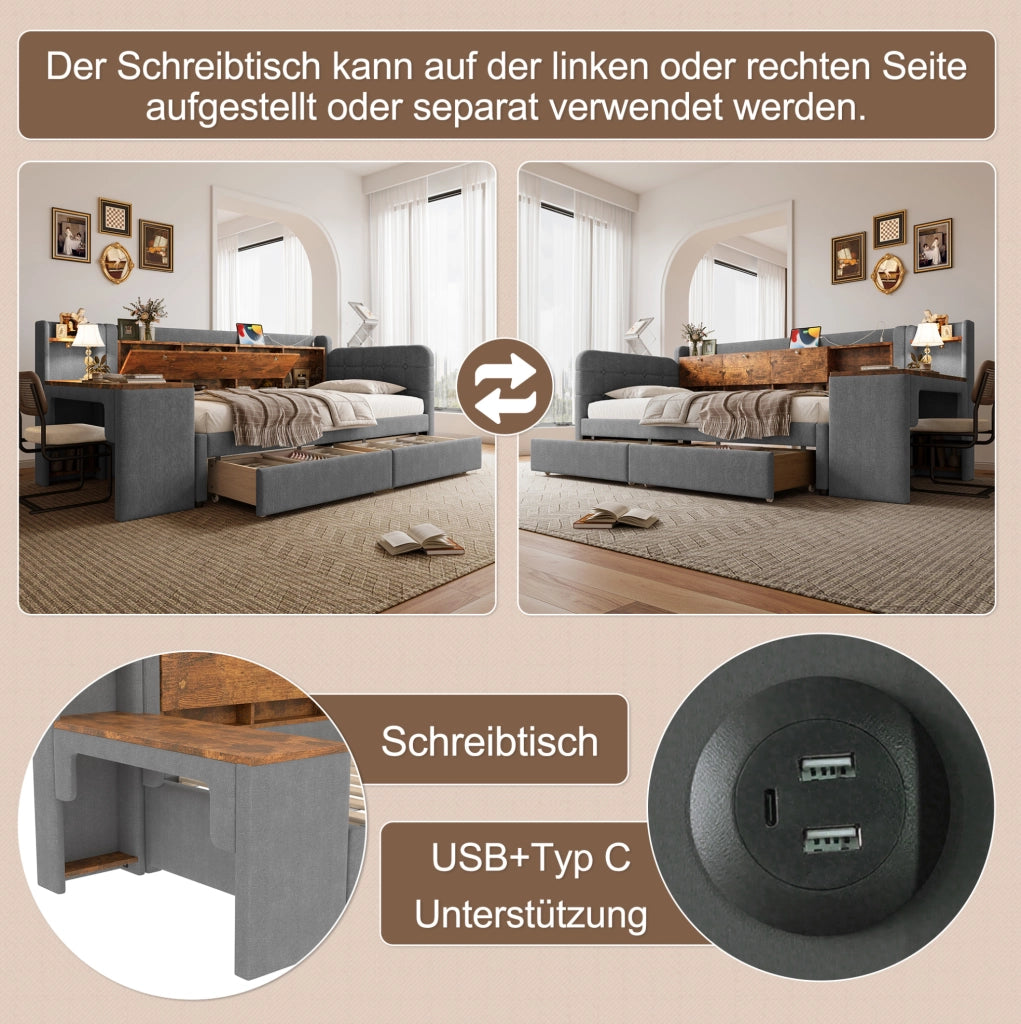 Letto singolo 90x200 cm grigio con scrivania, USB-C e cassetti