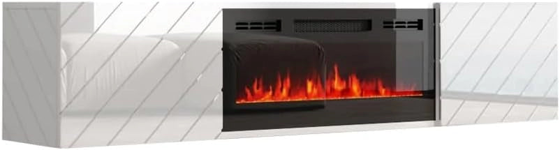 Mobile porta tv Roxy con camino elettrico nero cm183x35x38h bianco lucido