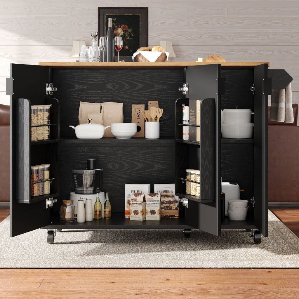 Carrello da Cucina Allungabile ¨C MINIMAL ¨C Bianco/Nero, 130x45x92 cm, 3 Ante, Ruote