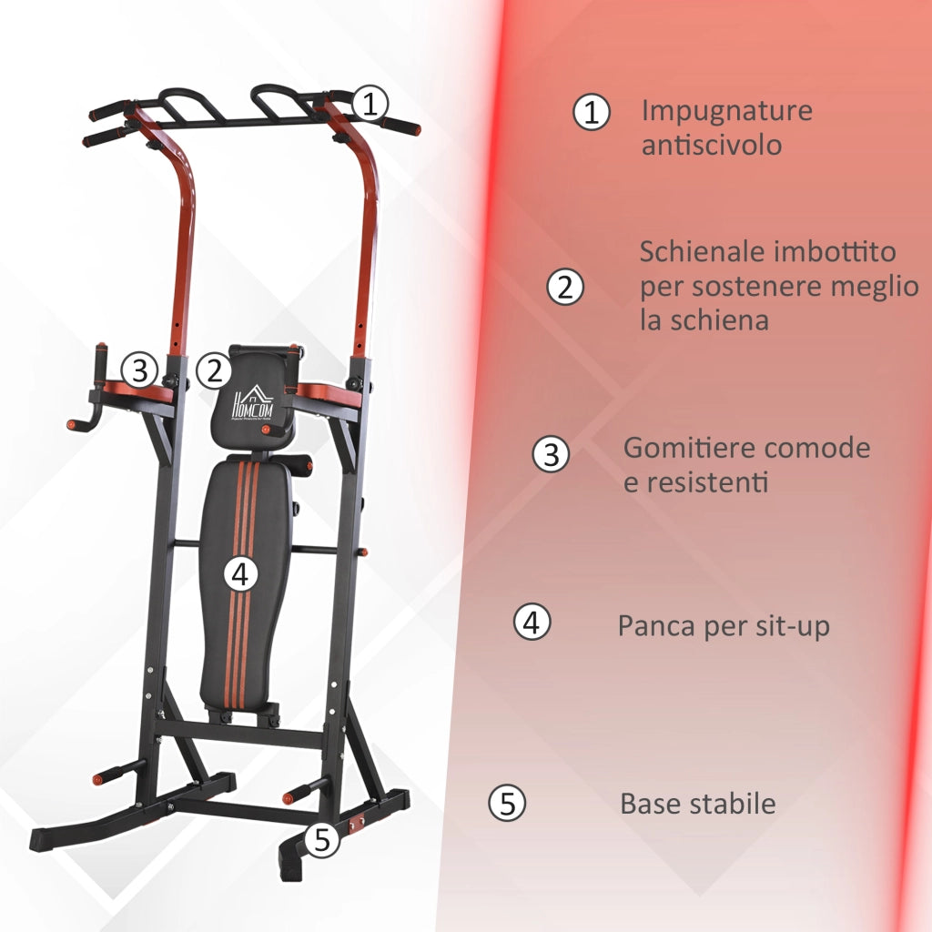 Power Tower Stazione per Allenamento Pieghevole e Multiuso con Barra Trazioni e Sedia Romana, 108x178x202-238cm