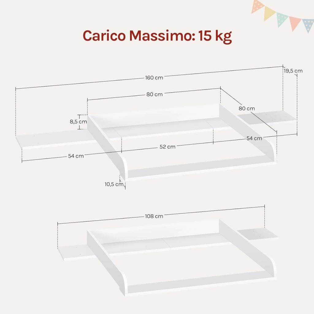 Fasciatoio Neonato, Fasciatoio Universale per Cassettiera con 3 Bordi Rialzati, Profondità Regolabile 47-50 cm, in MDF, 160x80x10 cm (80x80 cm per Bambini)