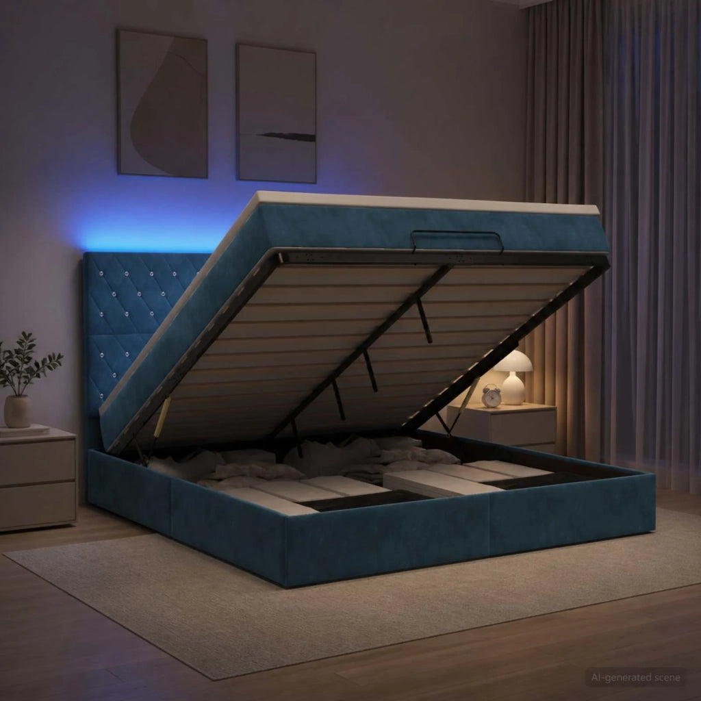 Letto Ottomano con Materasso e LED Blu scuro 160 x 200 cm 3458245