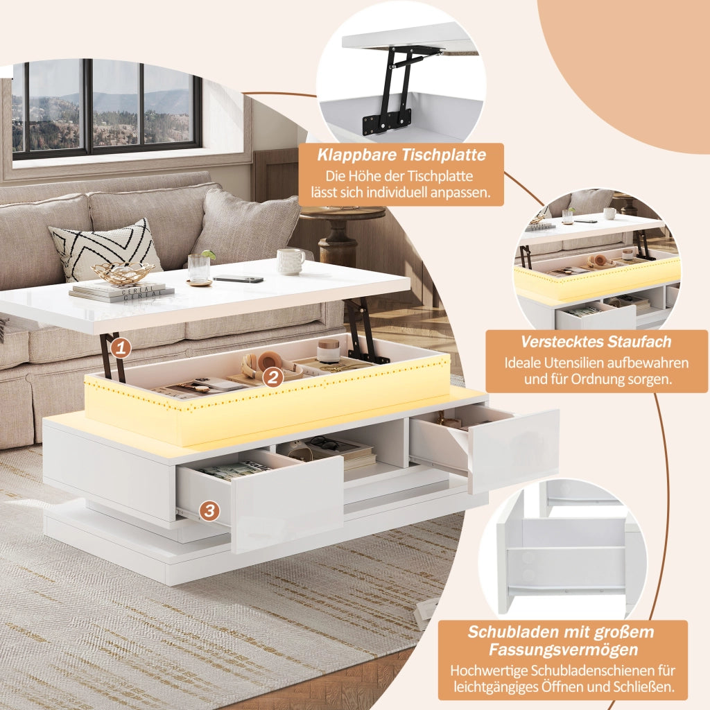 Tavolino da caffè alzabile con 2 cassetti; LED e USB - per soggiorno - 100x50x40 cm - bianco