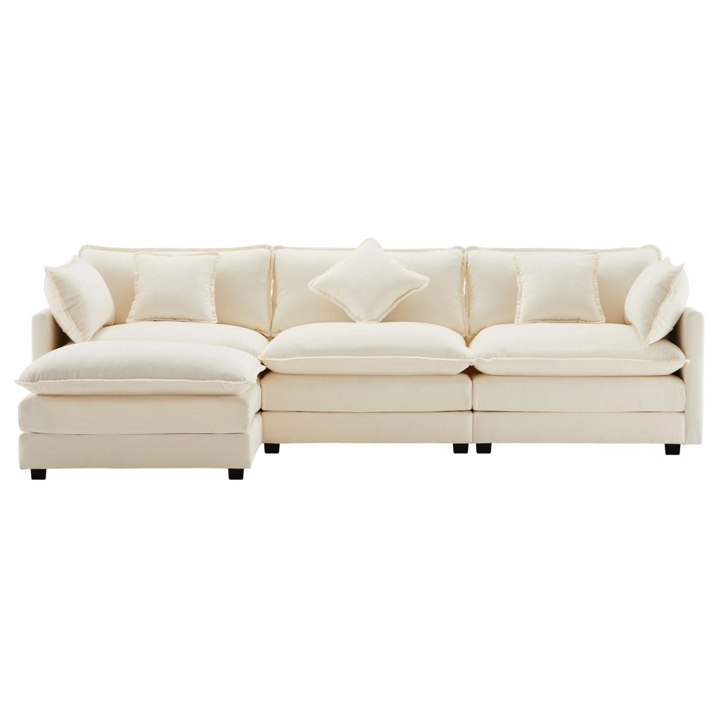 Divano angolare 3 posti - con penisola mobile e cuscini lombari - in chenille beige